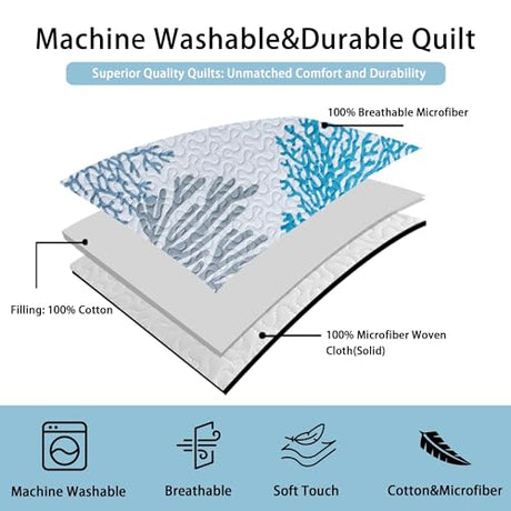 Tritard 3 Piece Coastal Quilt Sets Full/Queen Size - Reversible Microfiber Quilts with 2 Shams Soft Lightweight Beach Bedding Nautical Bedspread Coverlet Summer Comforter for All Season, 90''x96'', C1 Tritard