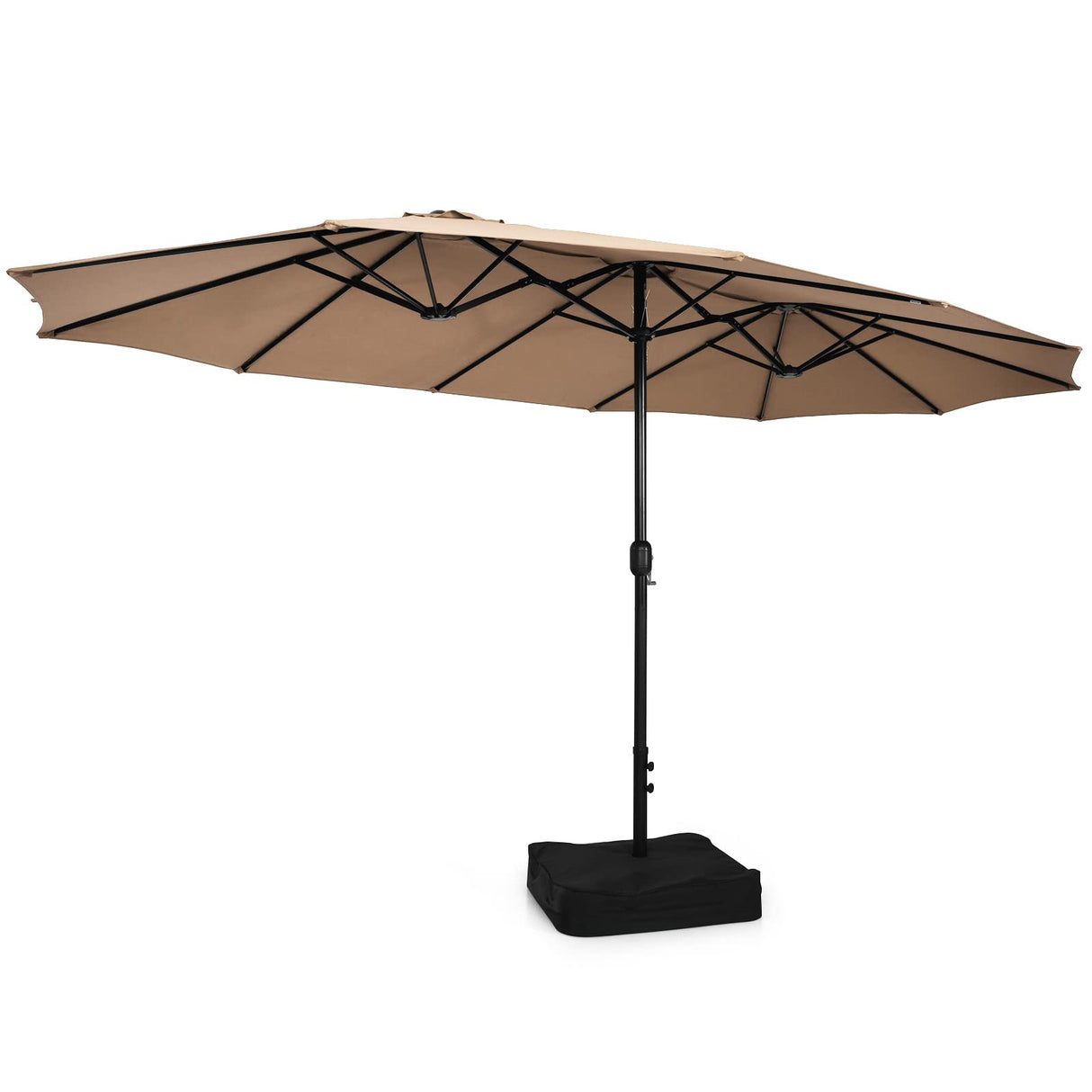 Tangkula 15FT Double-Sided Patio Umbrella with Base, Extra-Large Market Umbrella W/Crank System, Outdoor Twin Umbrella W/ 12-Rib Metal Structure & Air Vents for Garden, Backyard, Poolside (Brown) Tangkula