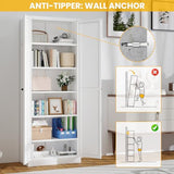 Reegangfa 72" Metal Storage Cabinet, Large Capacity Pantry Cabinet with 6-Tier, Kitchen Storage Cabinet with 2 Doors and 5 Adjustable Shelves for Home, Kitchen, Dining, Living Room (White) Reegangfa