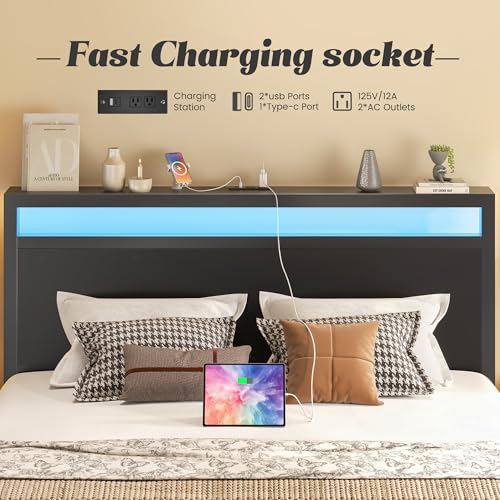 Fluest Queen Bed Frame with Headboard & Footboard, Bed Frame with Built-in Charging Station & LED Light, Storage Shelf, Noise-Free, No Box Spring Needed, Easy Assembly, Classic Black Fluest