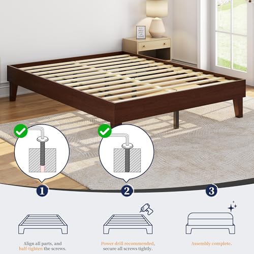 Yaheetech Queen Bed Frame Natural Solid Wood Platform Bed with Wooden Slats Support, 7.3-inch Underbed Space for Storage, Noise-Free Design, Easy Assembly, Dark Walnut Finish Yaheetech