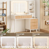 44" Vanity Desk with Mirror and Lights, Makeup Vanity Desk with Power Outlet, Makeup Desk with 5 Drawers&Storage Shelves, Vanity Table 3 Color Adjustable Brightness Dressing Table Set for Bedroom INNOD