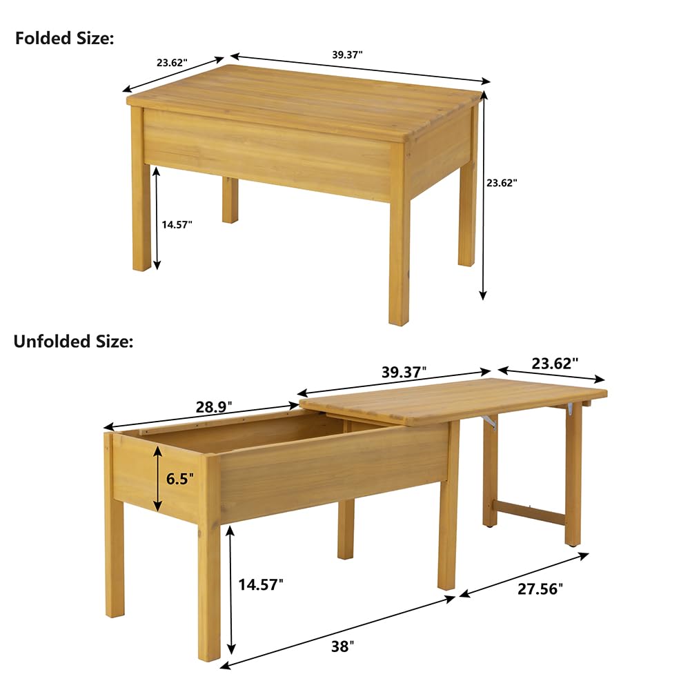 BIRASIL Wooden Kids Sensory Tables with Folding Lid, Activity Table for Children, Elevated Play Tables with Storage for Indoor Outdoor, Yellow BIRASIL
