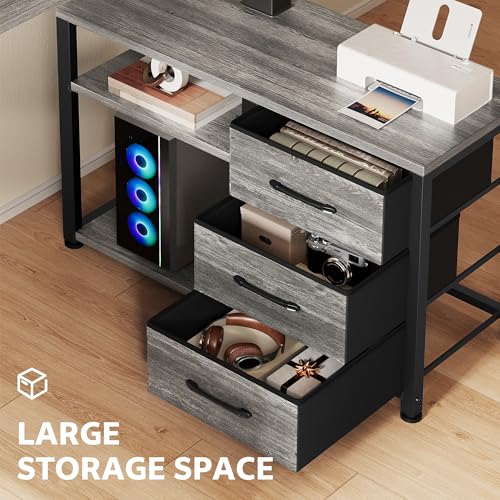 Homiflex 47 Inch L Shaped Standing Desk with 3 Drawers Electric Standing Desk with Storage Computer Desk Adjustable Height Desk with Power Outlets 4 Memory Presets for Home Office, Grey Homiflex