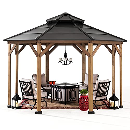 Sunjoy Allentown Collection 13 ft. x 13 ft. Cedar Framed Octagon Wood Gazebo with Steel 2-Tier Hardtop Roof, Black - WoodArtSupply