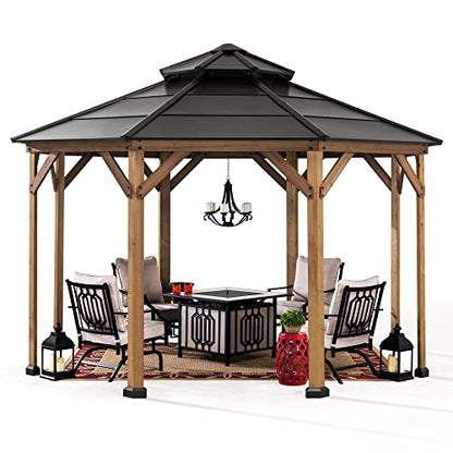 Sunjoy Allentown Collection 13 ft. x 13 ft. Cedar Framed Octagon Wood Gazebo with Steel 2-Tier Hardtop Roof, Black - WoodArtSupply