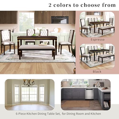 Merax 6-Piece Kitchen Dining Table Set, 60" Rectangular Table with 4 High-Back Tufted Upholstered Chairs & 1 Bench, Rubberwood Legs Modern Elegant Farmhouse for Kitchen Room, Espresso Merax