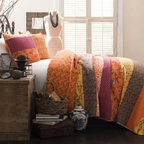 Lush Decor Royal Empire Reversible Cotton Quilt Set, 3 Piece Set Full/ Queen, Tangerine - Striped Bedding Set - Floral Quilt Queen Size - Orange Bedding - Boho Decor Lush Decor