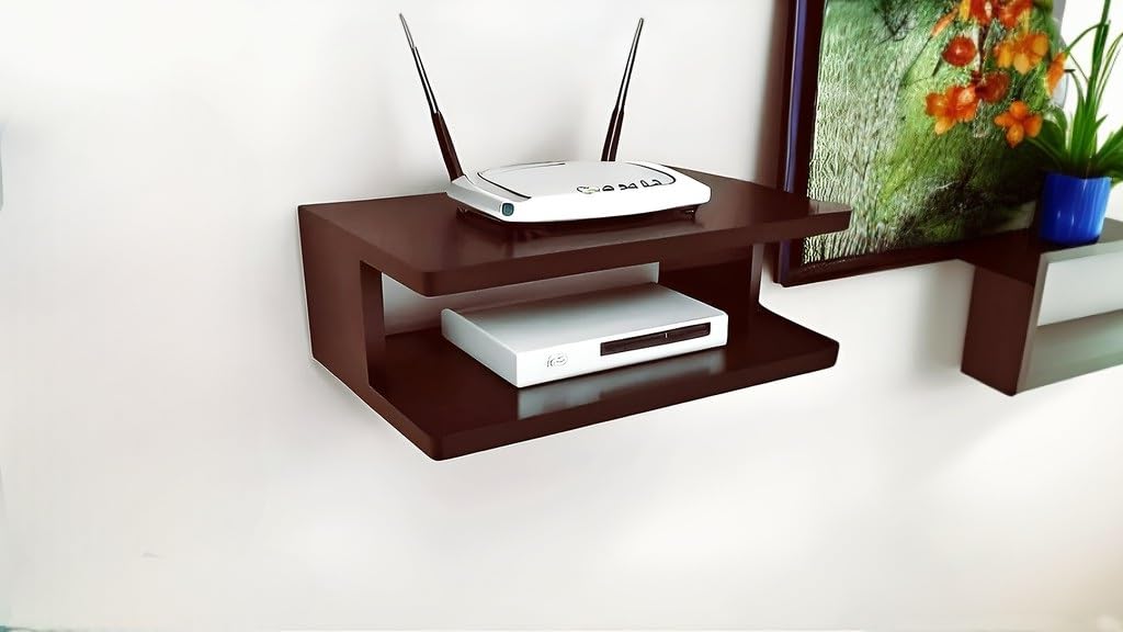 Zig Zag Wooden Floating Wall Tv Shelf Entertainment Centre Wall Mounted Component Shelf for Cable Boxes, Games Consoles, TV Accessories (25x 20x 8 cm), Brown zig zag