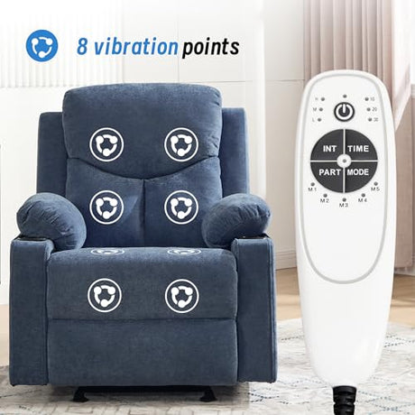 Sftaiyou Manual Rocker Recliner Chair for Adults with Massage, Overstuffed Glider Rocking Chair with Cup Holders and Pockets for Living Room, Reclining Sofa Chair for Bedroom Nursery,Navy Blue Sftaiyou