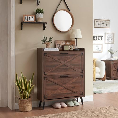 Barnyatoh Shoe Storage Cabinet,Farmhouse Shoe Organizer with 2 Flip Drawers & Barn Door Design,Freestanding Hidden Slim Narrow Shoe Rack Cabinet for Entryway,Foyer,Hallway,Walnut Barnyatoh