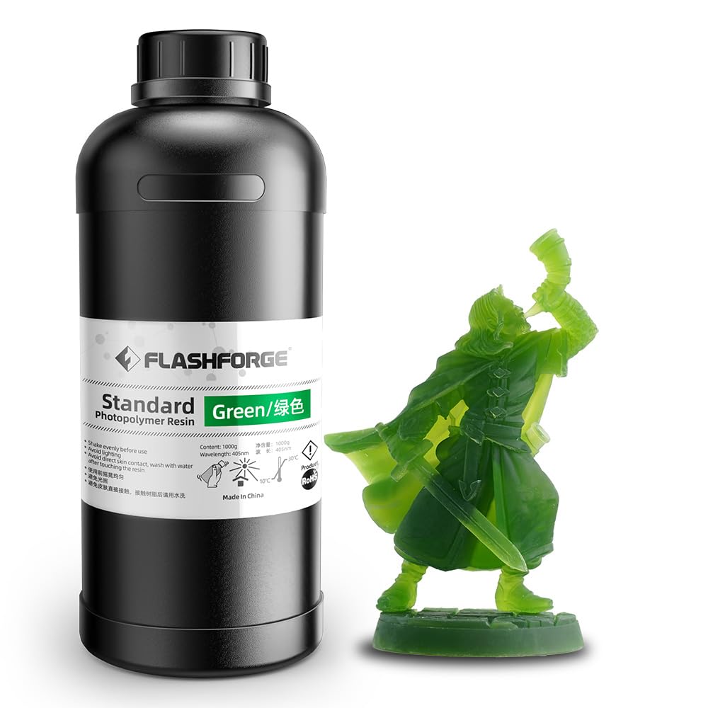 FLASHFORGE 3D Printer Resin, Fast Curing Standard 3D Resin High Precision & Excellent Fluidity with Low Odor, 405nm UV Curing 3D Printing Resin for LCD/DLP/SLA Resin 3D Printer (Green, 1KG)