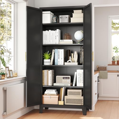 Zevemomo 70.87" H Metal Kitchen Pantry Cabinet, Freestanding Cupboard with 2 Doors and 4 Adjustable Shelves, Tall Metal Storage Cabinet for Kitchen, Bathroom, Dinning Room or Laundry Room （Black） Zevemomo