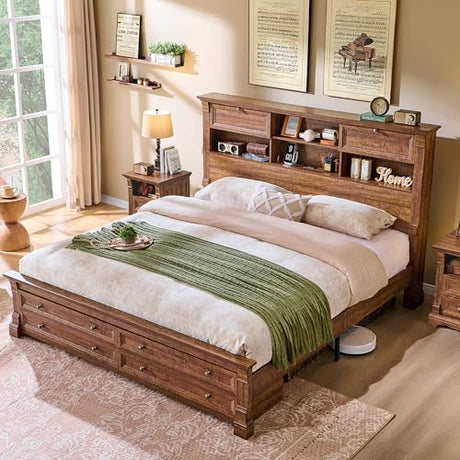 Farmhouse King Size Bed Frame with 54" Tall Headboard, Headboard with 4 Storage Rack, 2 Drawers, Wood Platform Bed Frame,18" Roman Column Decoration Footboard, No Box Spring Needed(Reclaimed Barnwood) T4TREAM
