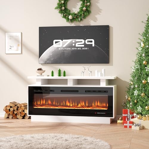 Fireplace TV Stand with 50" Smart Electric Fireplace, Modern Wood Entertainment Center with Mantel&Built-in Power Outlets, Fireplace Cabinet for Living Room (White, 50“ WiFi) HOMTHING