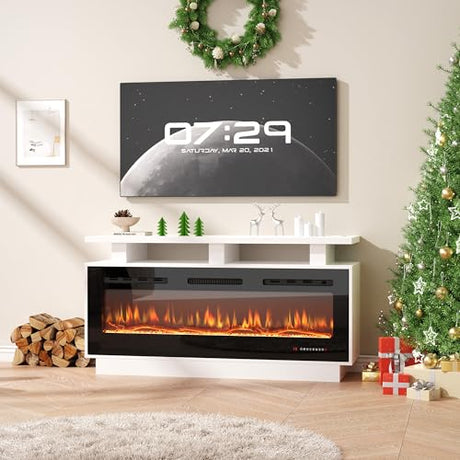 Fireplace TV Stand with 50" Smart Electric Fireplace, Modern Wood Entertainment Center with Mantel&Built-in Power Outlets, Fireplace Cabinet for Living Room (White, 50“ WiFi) HOMTHING