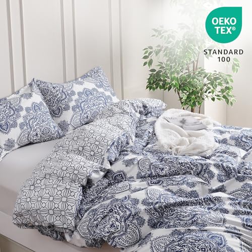 PHF Ultra Soft Paisley Duvet Cover Queen Size, Printed Bedding Set 3 Pieces, Comfy Farmhouse Pattern Duvet Cover Set with 2 Pillow Shams, Zipper Closure and 8 Ties, 90"x90", Royal Blue & White PHF