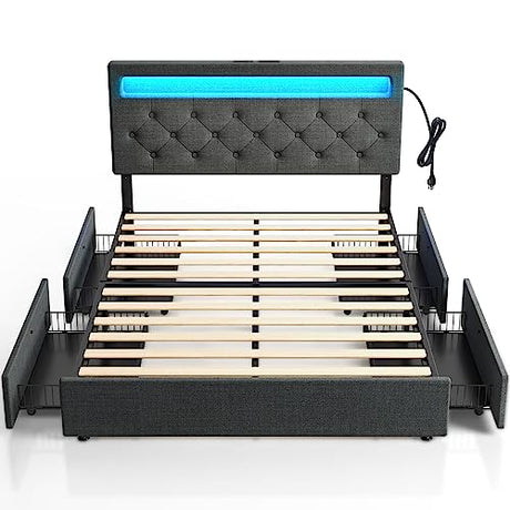 Rolanstar Full Size Bed Frame with 4 Storage Drawers and Charging Station, Full Bed with Led Lights, 2 USB & 1 Type C, Adjustable Headboard 38.9/40.9 Inches, No Box Spring Needed, Dark Gray Rolanstar
