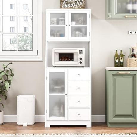 BOTLOG 64'' Kitchen Pantry Storage Cabinet, Tall Kitchen Storage Cabinet with Microwave Stand, Hutch Cabinet with Adjustable Shelves, for Dining Room (White) BOTLOG