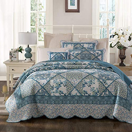 Tache Blue Patchwork Quilt Set - Petal Dance - Cotton Floral Bedspread Set - 2 Pieces - Twin Tache Home Fashion