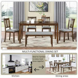 Trygoal 6-Piece Dining Table Set for 4-6 People, Kitchen Set with 4 Upholstered Chairs and One Bench, Living Room Chairs with Slatted Backrest, Rectangular Wooden Table for Home Bar, Walnut Trygoal
