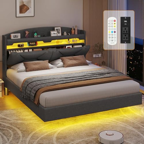 BTHFST Floating Bed Frame Full Size with Type-C Charging Station & Storage Headboard, RGB Floating Platform Bed, No Box Spring Needed, Wooden Slats Support, Dark Grey BTHFST