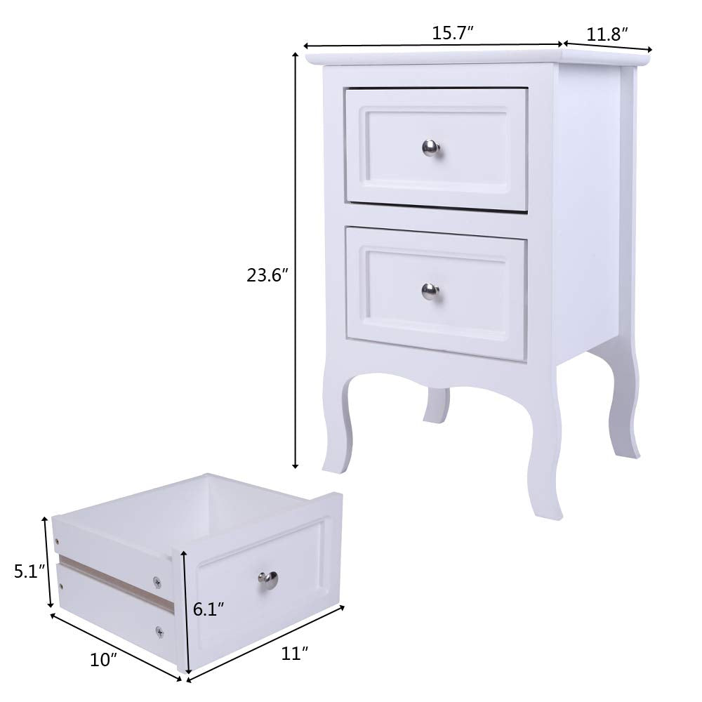 Karl home White Nightstand Set of 2. Farmhouse End Side Table Set of 2 Bedside Nightstands Chest with Drawers Small Night Stand with 2 Drawer and Solid Wood Legs for Bedroom, Living Room Karl home
