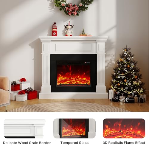 43" Electric Fireplace with Mantel | 1400W Freestanding Electric Fireplaces | Highly Realistic 3D Flame | 50-90℉ AdjustableTemp | Button & Remote Control White Fireplace Mantel | 43" Wx11 Dx40 H FODINGHILL