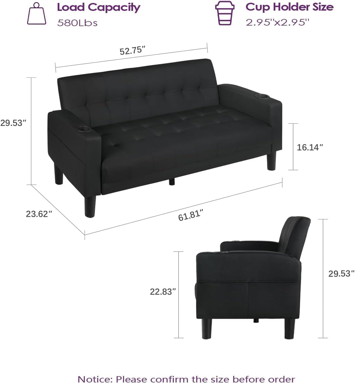 TYBOATLE Sofa Couch 62" W Loveseat w/ 2 USB Charger Ports & 2 Cupholders, Mid-Century Modern Black Faux Leather Tufted Small Love Seat Couches for Office,Compact Living Room,Bedroom,Apartment,Dorm TYBOATLE