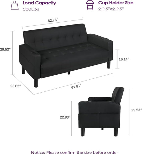 TYBOATLE Sofa Couch 62" W Loveseat w/ 2 USB Charger Ports & 2 Cupholders, Mid-Century Modern Black Faux Leather Tufted Small Love Seat Couches for Office,Compact Living Room,Bedroom,Apartment,Dorm TYBOATLE