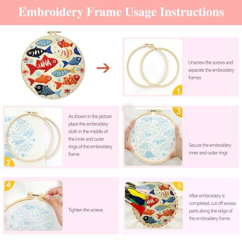 Zhenqing Colorful Fish Embroidery Kit for Beginners - Complete Set with Pre-Printed 29x29cm Cotton Fabric, Hoop, Threads & Tools (C0059)
