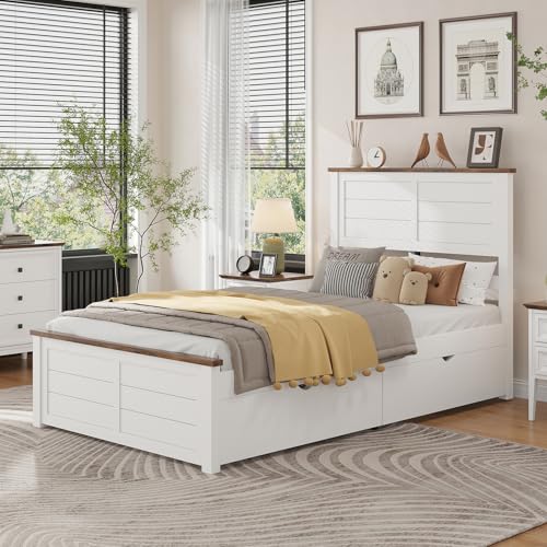 LUXOAK Farmhouse Twin Size Bed Frame with Headboard and 4 Storage Drawers, Solid Wood Barn Door Platform Bed with Wood Slats, Heavy Duty Mattress Foundation, Non-Slip & Noise-Free, Antique White