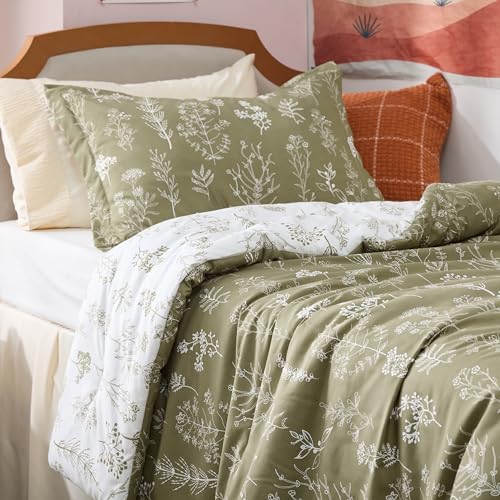 Bedsure Twin/Twin XL Comforter Set - Olive Green Bed Set, 2 Pieces Cute Floral Bedding, 1 Soft Reversible Botanical Flowers Comforter and 1 Pillow Sham Bedsure