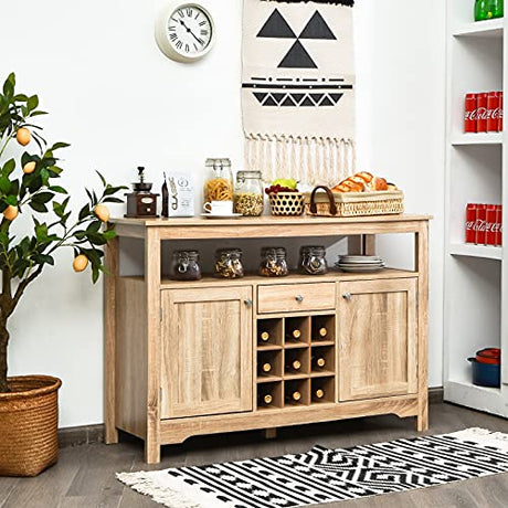 Giantex Buffet Server Sideboard, Console Table, Wood Dining Table, Cupboard Table with 2 Cabinets, 1 Drawer and 9 Wine Cabinets, Storage Organizer Kitchen and Dining Room (Natural) Giantex