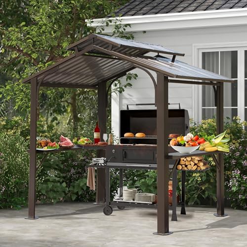 Domi 8x5FT Hardtop Grill Gazebo, Outdoor BBQ Gazebo with 2 Side Shelves and Ceiling Hook, Outdoor Grill Canopy with Galvanized Steel Double Roof for Patio Lawn Backyard Deck, Brown domi outdoor living