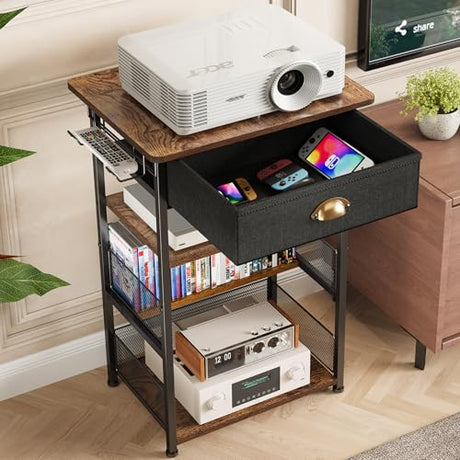 Hongtamoya 4-Tier AV Media Stand with Drawer, Video Game Console Shelf with 2 Hooks, Audio Rack Tower Perfect for/Xbox/ PS5/Switch/Game Consoles/DVD/Record Player/Projector/Sky Box/TV Accessories Hongtamoya