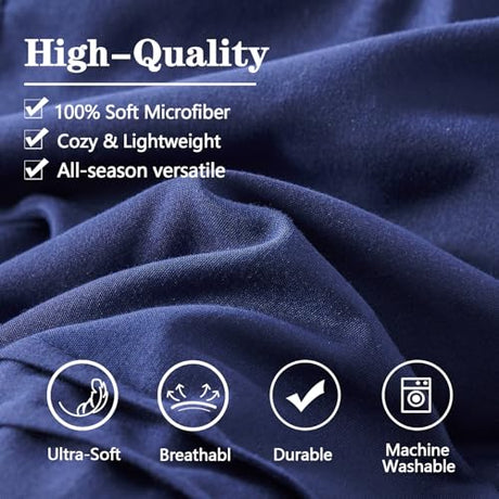 Yogeneg Queen Comforter Set 7 Piece Bed in a Bag,Grid Pinch Pleat Navy Blue Bedding Set,Striped Textured Soft Microfiber Comforter with Sheet Set,All Season Complete Bed Set(Navy Blue,Queen) Yogeneg