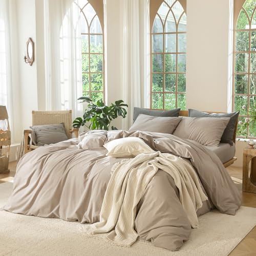 MooMee Bedding Duvet Cover Set 100% Washed Cotton Linen Like Textured Breathable Durable Soft Comfy (Heathered Taupe, Twin 68"x90") MooMee