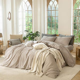 MooMee Bedding Duvet Cover Set 100% Washed Cotton Linen Like Textured Breathable Durable Soft Comfy (Heathered Taupe, Twin 68"x90") MooMee