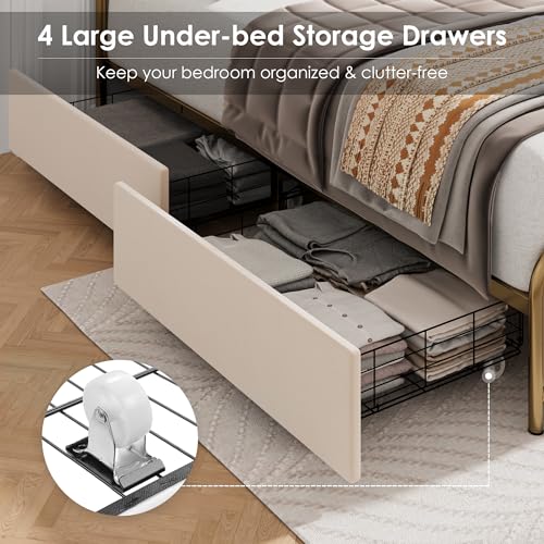 HITHOS King Size Upholstered Metal Bed Frame with 4 Storage Drawers, Golden/Off White Design - WoodArtSupply