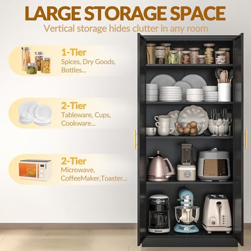 Kitchen Pantry Cabinet,71” Metal Tall Pantry Storage Cabinet with Doors and 4 Adjustable Shelves,Kitchen Storage Cabinets Black Freestanding Food Cabinet for Pantries, Kitchen, Livingroom, Dining Room BESFUR