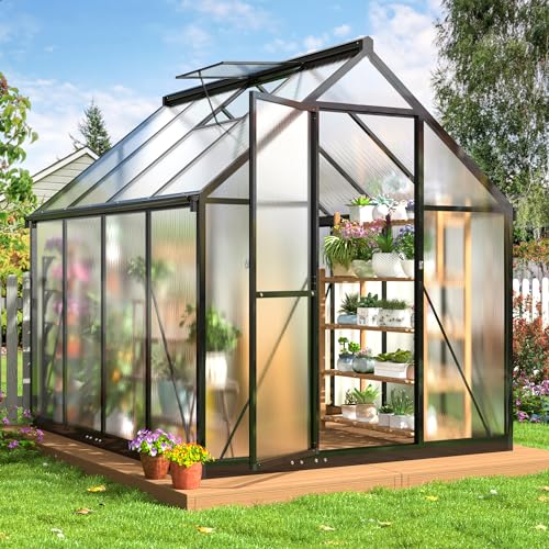 VIWAT 6x7.5 FT Greenhouse for Outdoors, Polycarbonate Greenhouse with Quick Setup Structure and Roof Vent, Aluminum Large Walk-in Greenhouse for Outside Garden Backyard, Black VIWAT
