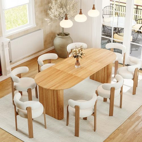 HMHKHN 90" Extendable Dining Table for 4 to 8, Oval Wooden Extendable Dining Room Table with Curved Fluted Wood Strip Base for Home (Natural, Table with 4 Panels) HMHKHN