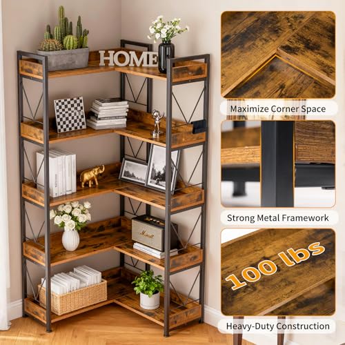 DUMOS 65 inch L Shaped Bookshelf, 5 Tier Corner Bookcase with Hooks and Edge, Industrial Pantry Shelves with Metal Frame, Wooden Open Storage for Living Room, Home Office, Bedroom, Rustic Brown DUMOS