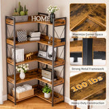 DUMOS 65 inch L Shaped Bookshelf, 5 Tier Corner Bookcase with Hooks and Edge, Industrial Pantry Shelves with Metal Frame, Wooden Open Storage for Living Room, Home Office, Bedroom, Rustic Brown DUMOS