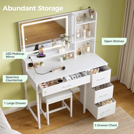 Greenstell Vanity Desk with Mirror and Lights, Makeup Vanity Table with Upholstered Stool, 4 Drawers & 3 Storage Shelves, Power Outlet, 3 Adjustable Lighting Modes for Bedroom and Dressing Room, White GREENSTELL