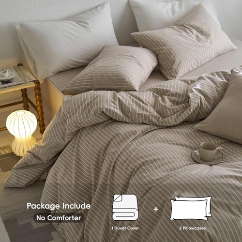 MooMee Striped Duvet Cover Set 100% Washed Cotton Linen Like Textured Breathable Durable Soft Comfy (Tannish Linen Grey White Wide Stripes, Queen 90"x90") MooMee