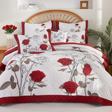 EVENHUG Quilt King Size Red Rose Bedding Set Floral Bedspread Lightweight Reversible Bed Cover with 2 Pillow Shams for All Seasons 3 Pieces (106"X96") EVENHUG
