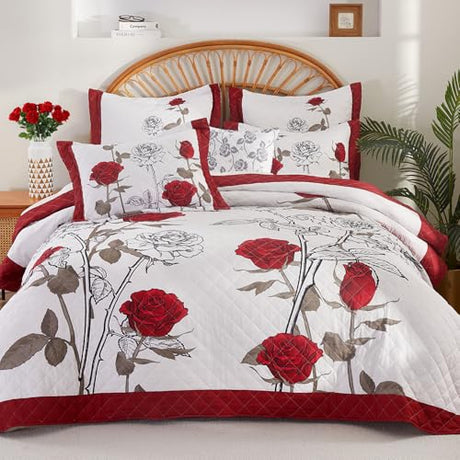 EVENHUG Quilt King Size Red Rose Bedding Set Floral Bedspread Lightweight Reversible Bed Cover with 2 Pillow Shams for All Seasons 3 Pieces (106"X96") EVENHUG