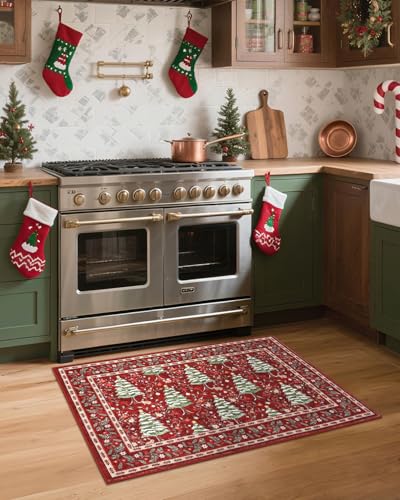 GarveeHome Red Christmas Doormat 2x3 Rug Non-Slip Washable for Entryway Indoor Small Kitchen Rugs Soft Bathroom Rugs Christmas Tree Animals Print Holiday Decor Low-Pile Door Mat GarveeHome